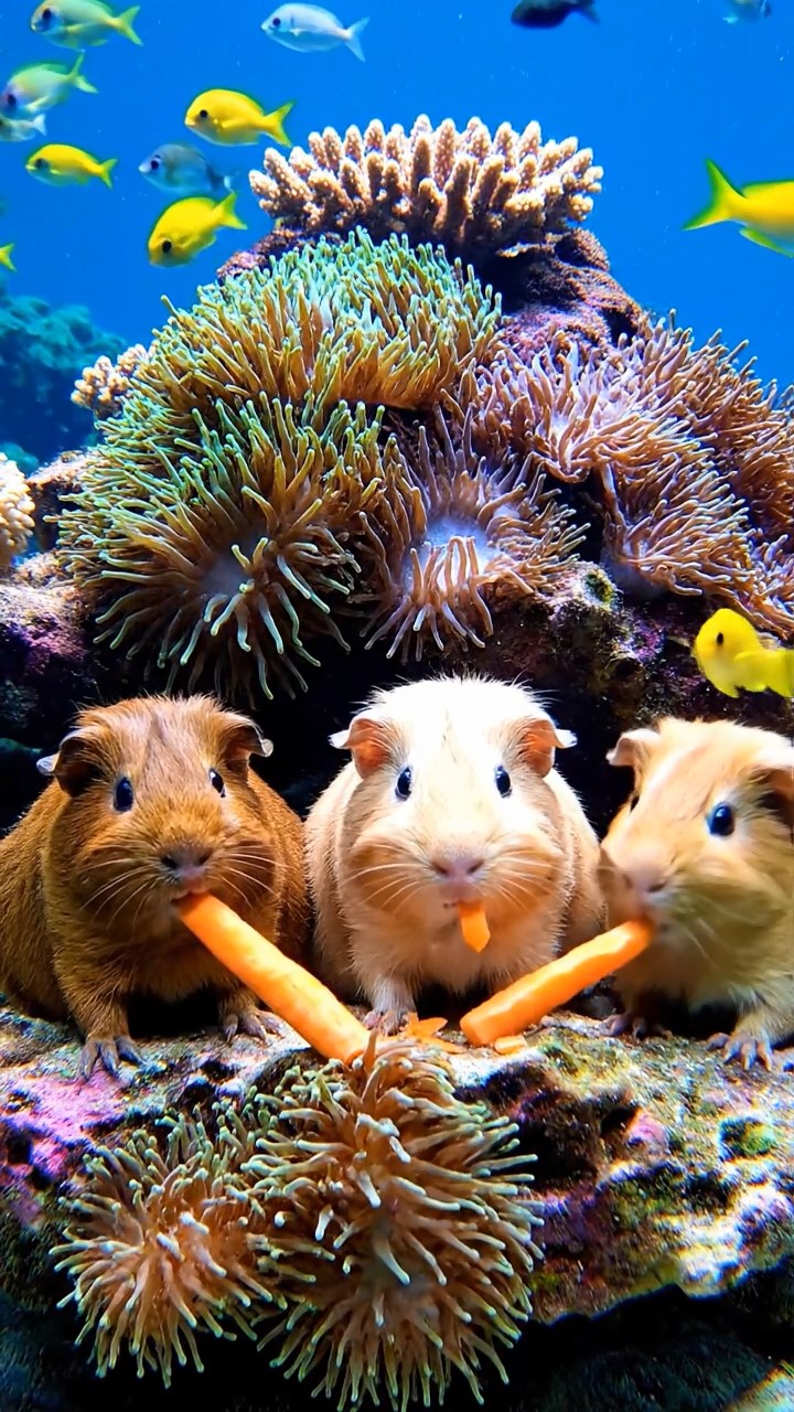 1007. Realistic image of 3 smooth-haired Rex guinea pigs featuring brown, cream, and fawn coats, munching on carrot sticks, in a vibrant underwater coral kingdom with schools of fish and sea anemones.