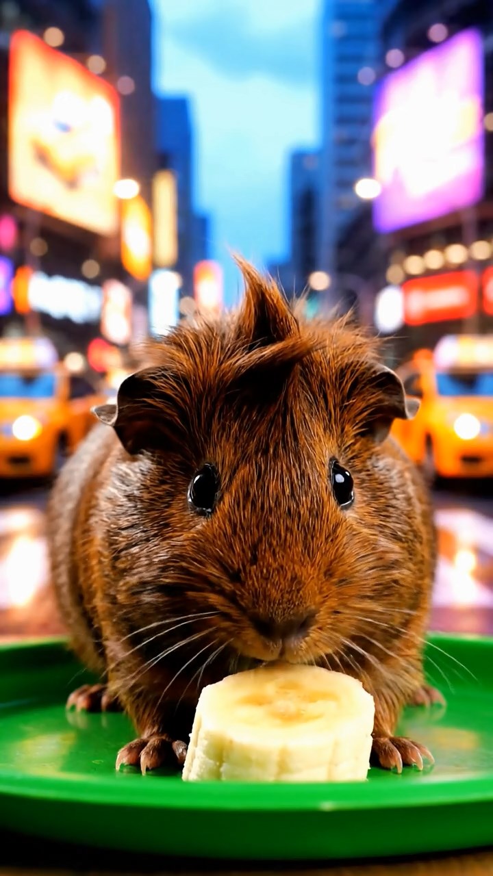 1008. Highly detailed scene of 1 smooth-haired Coronet guinea pig with chocolate fur, nibbling on banana slices, on a bustling metropolitan street corner with taxis and neon billboards.