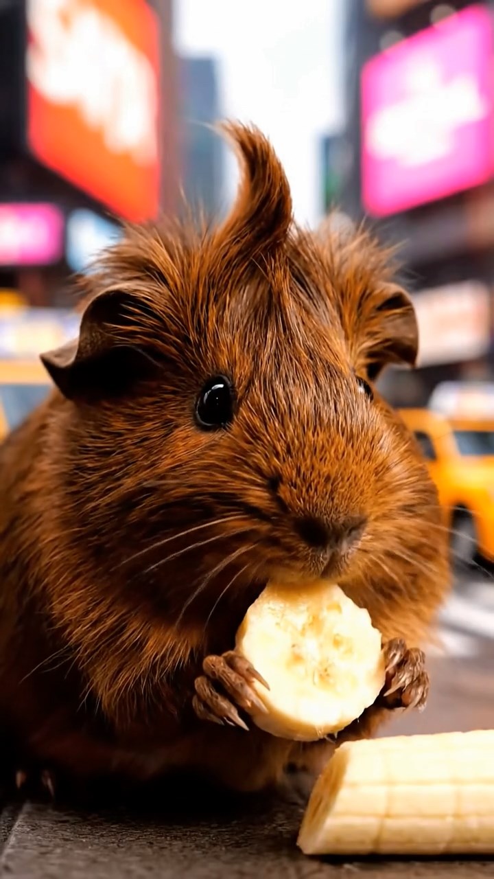 1008. Highly detailed scene of 1 smooth-haired Coronet guinea pig with chocolate fur, nibbling on banana slices, on a bustling metropolitan street corner with taxis and neon billboards.