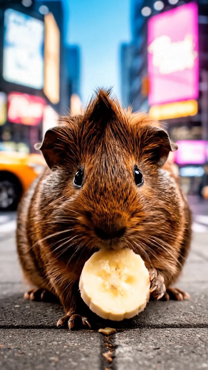 1008. Highly detailed scene of 1 smooth-haired Coronet guinea pig with chocolate fur, nibbling on banana slices, on a bustling metropolitan street corner with taxis and neon billboards.