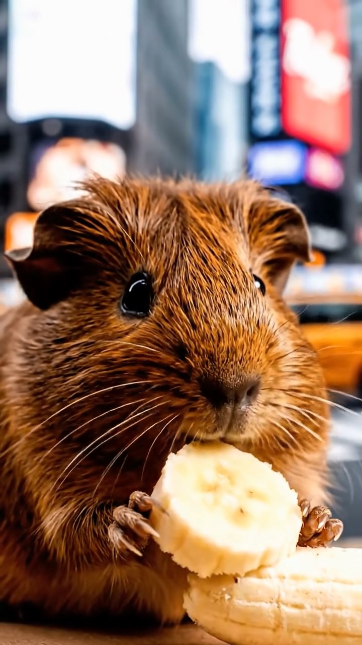 1008. Highly detailed scene of 1 smooth-haired Coronet guinea pig with chocolate fur, nibbling on banana slices, on a bustling metropolitan street corner with taxis and neon billboards.