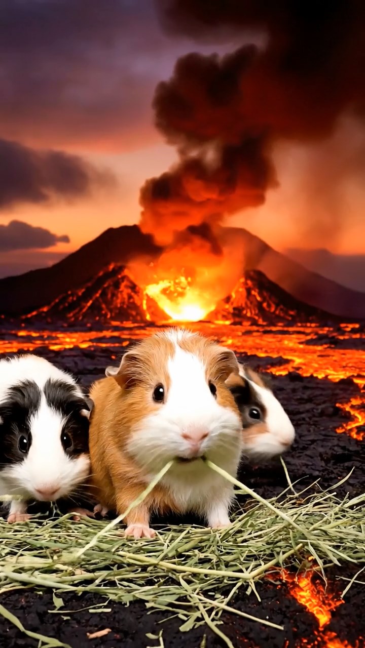 1009. Photorealistic photo of 4 smooth-haired White Crested guinea pigs with cinnamon, sable, and white fur, eating alfalfa hay, in a surreal lava landscape with flowing molten rock and ash clouds.