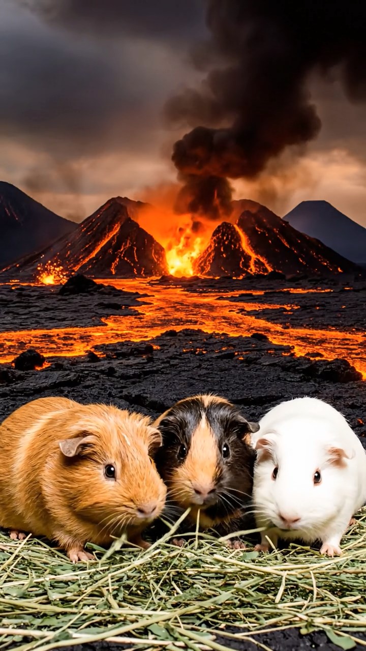 1009. Photorealistic photo of 4 smooth-haired White Crested guinea pigs with cinnamon, sable, and white fur, eating alfalfa hay, in a surreal lava landscape with flowing molten rock and ash clouds.