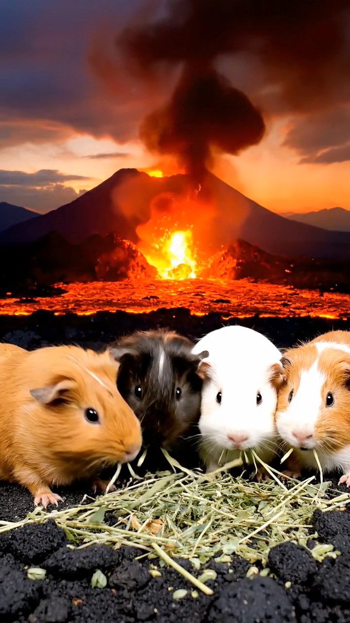 1009. Photorealistic photo of 4 smooth-haired White Crested guinea pigs with cinnamon, sable, and white fur, eating alfalfa hay, in a surreal lava landscape with flowing molten rock and ash clouds.