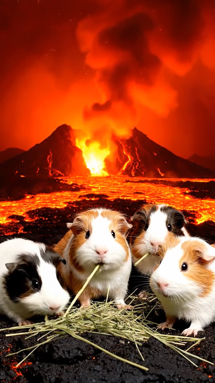 1009. Photorealistic photo of 4 smooth-haired White Crested guinea pigs with cinnamon, sable, and white fur, eating alfalfa hay, in a surreal lava landscape with flowing molten rock and ash clouds.