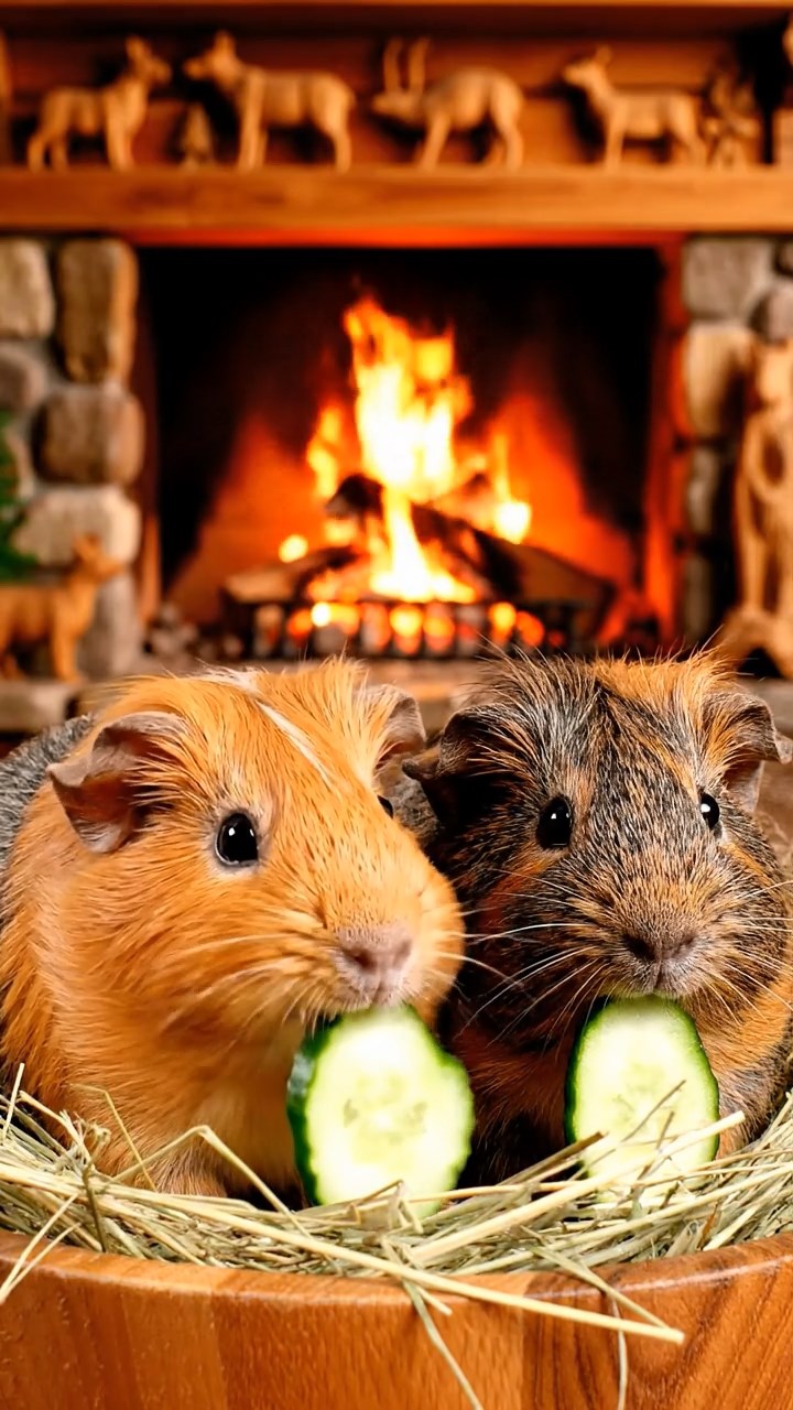 1010. Realistic depiction of 2 smooth-haired Skinny guinea pigs in orange and gray colors, chewing on cucumber slices, inside a cozy mountain cabin with crackling fire and wooden carvings.