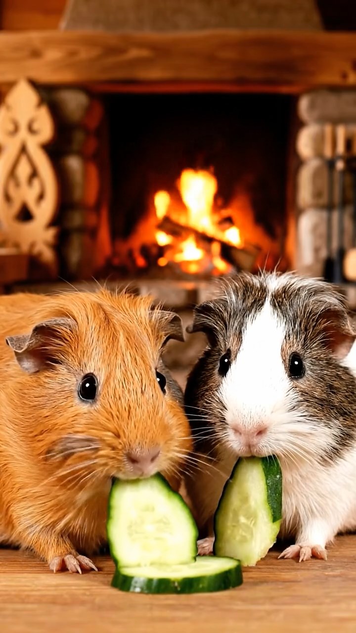 1010. Realistic depiction of 2 smooth-haired Skinny guinea pigs in orange and gray colors, chewing on cucumber slices, inside a cozy mountain cabin with crackling fire and wooden carvings.