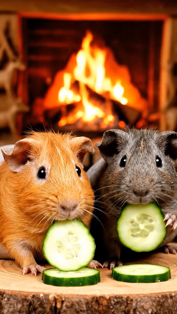 1010. Realistic depiction of 2 smooth-haired Skinny guinea pigs in orange and gray colors, chewing on cucumber slices, inside a cozy mountain cabin with crackling fire and wooden carvings.