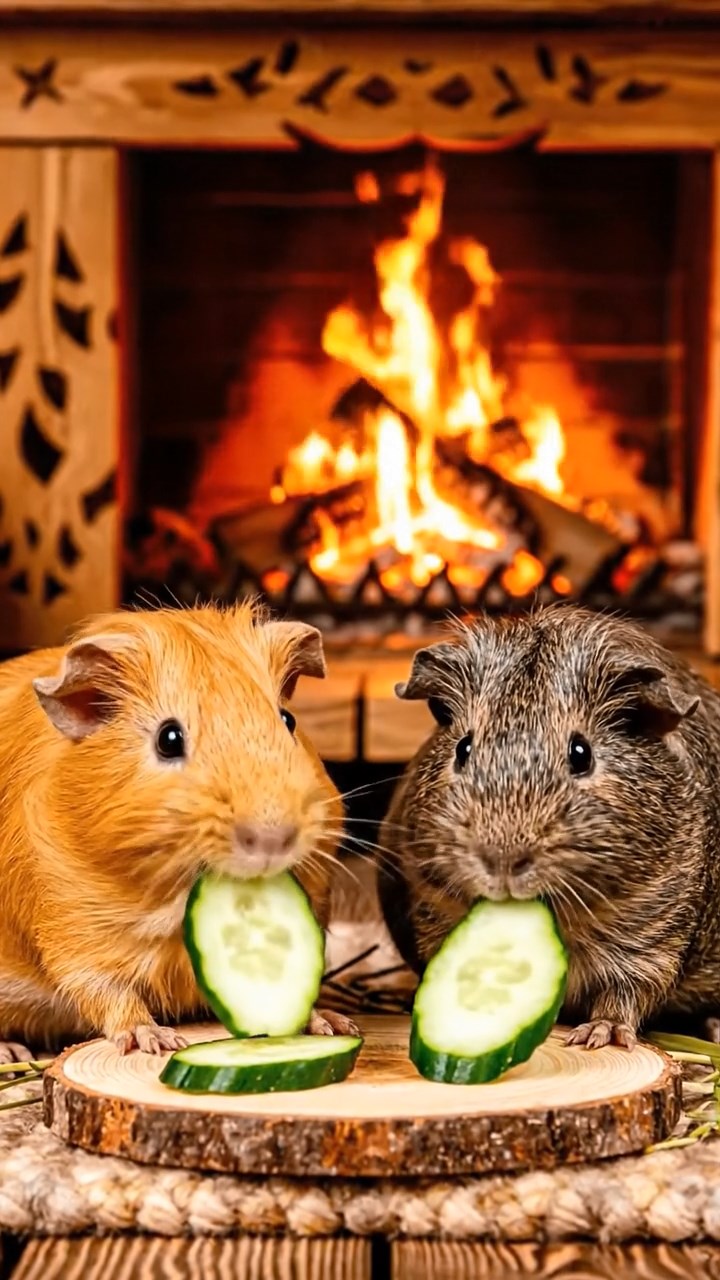 1010. Realistic depiction of 2 smooth-haired Skinny guinea pigs in orange and gray colors, chewing on cucumber slices, inside a cozy mountain cabin with crackling fire and wooden carvings.