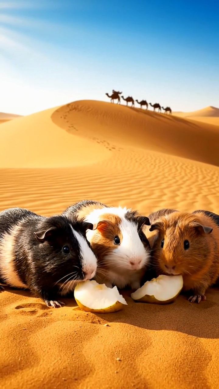1011. Detailed realistic image of 5 smooth-haired American guinea pigs with black, brown, and cream fur, sharing pear chunks, on a vast Sahara desert dune with camel caravans in the distance.
