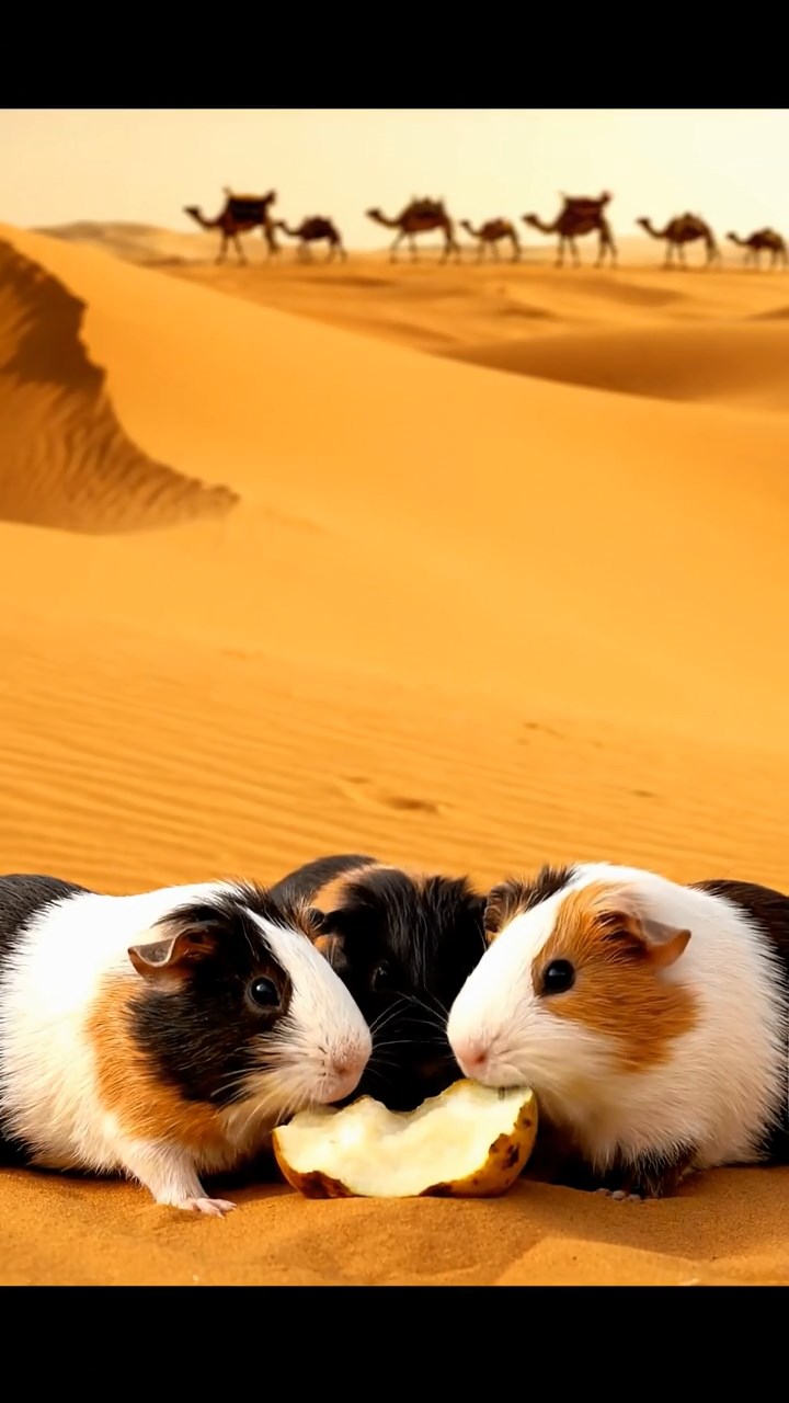 1011. Detailed realistic image of 5 smooth-haired American guinea pigs with black, brown, and cream fur, sharing pear chunks, on a vast Sahara desert dune with camel caravans in the distance.