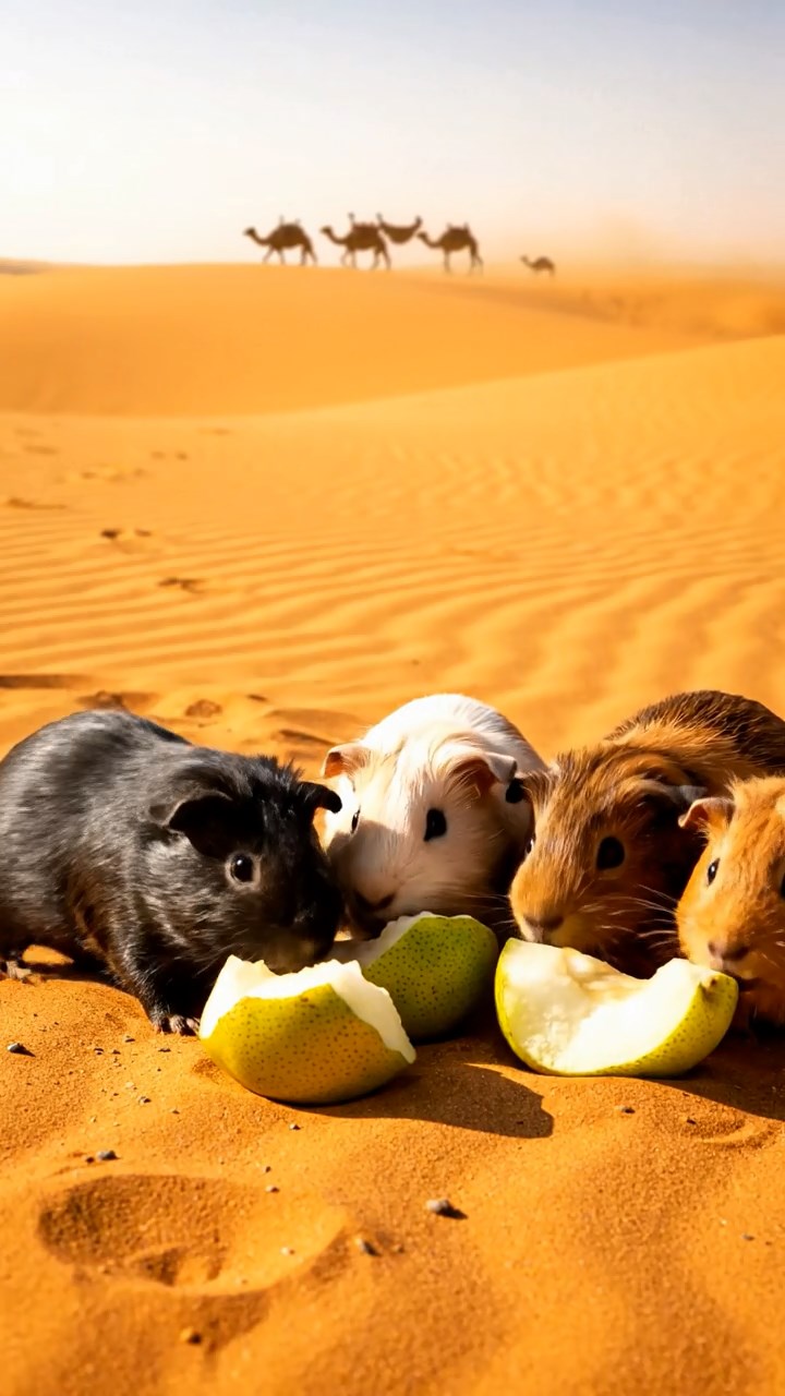1011. Detailed realistic image of 5 smooth-haired American guinea pigs with black, brown, and cream fur, sharing pear chunks, on a vast Sahara desert dune with camel caravans in the distance.