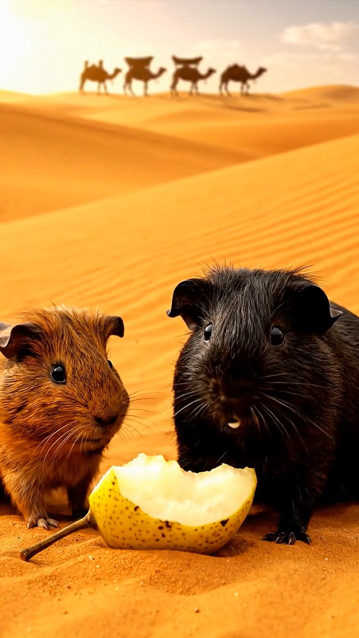 1011. Detailed realistic image of 5 smooth-haired American guinea pigs with black, brown, and cream fur, sharing pear chunks, on a vast Sahara desert dune with camel caravans in the distance.