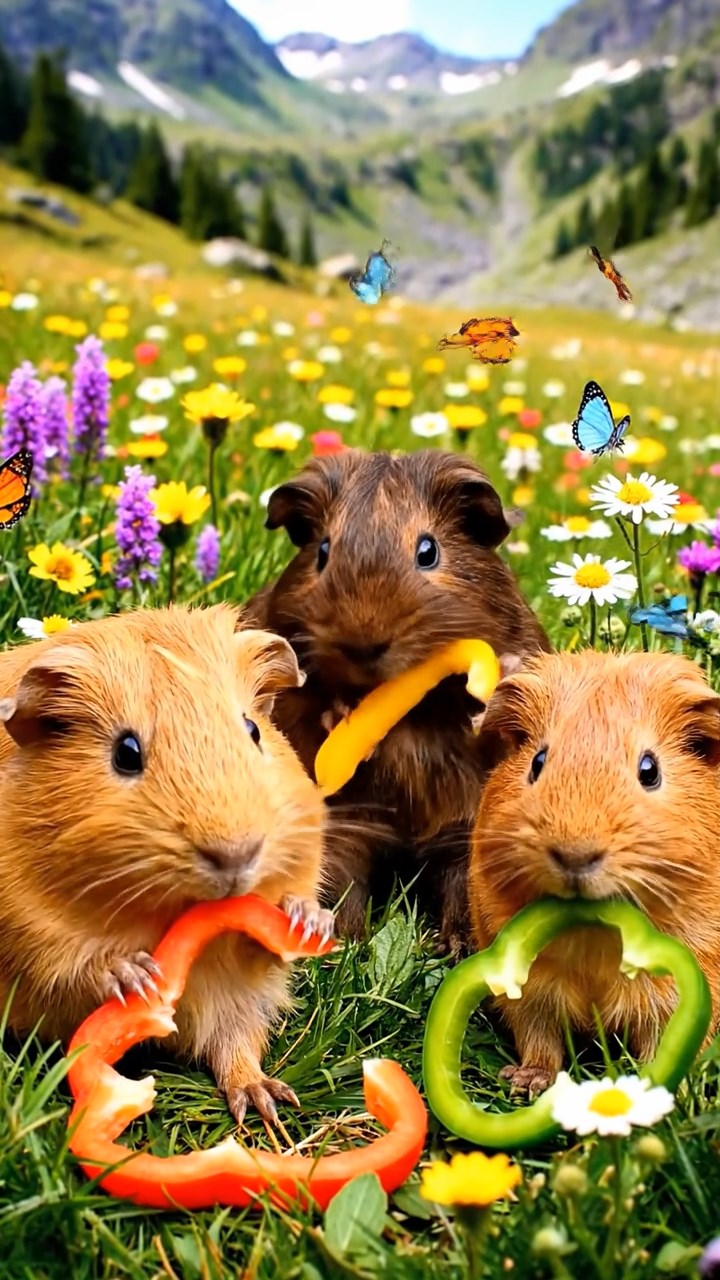 1012. Photorealistic scene of 3 smooth-haired Abyssinian guinea pigs featuring fawn, chocolate, and cinnamon coats, munching on bell pepper strips, in a blooming alpine meadow with wildflowers and butterflies.