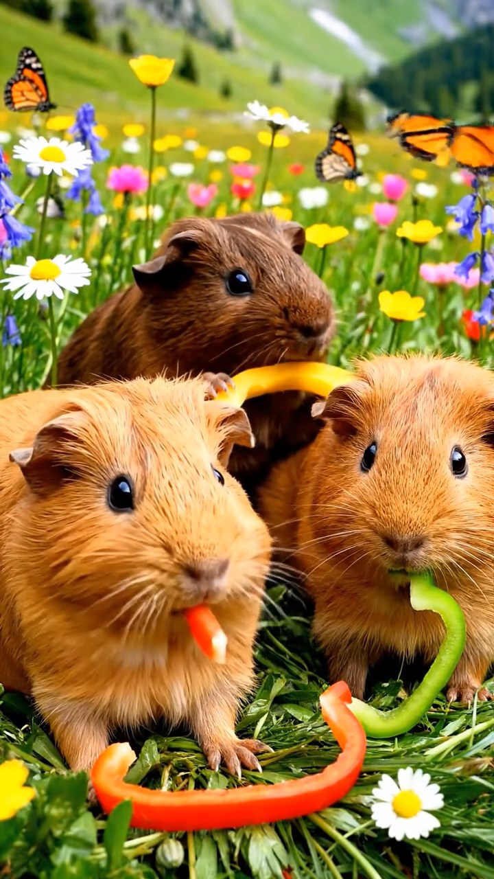 1012. Photorealistic scene of 3 smooth-haired Abyssinian guinea pigs featuring fawn, chocolate, and cinnamon coats, munching on bell pepper strips, in a blooming alpine meadow with wildflowers and butterflies.