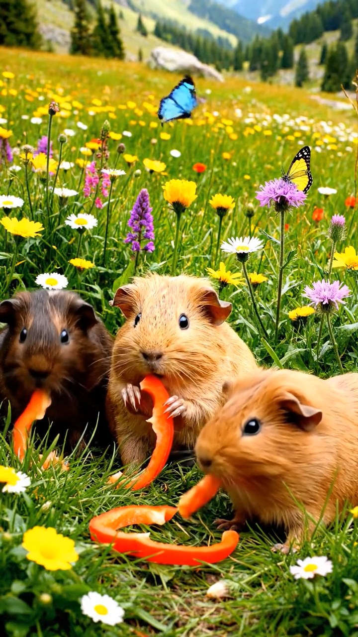 1012. Photorealistic scene of 3 smooth-haired Abyssinian guinea pigs featuring fawn, chocolate, and cinnamon coats, munching on bell pepper strips, in a blooming alpine meadow with wildflowers and butterflies.