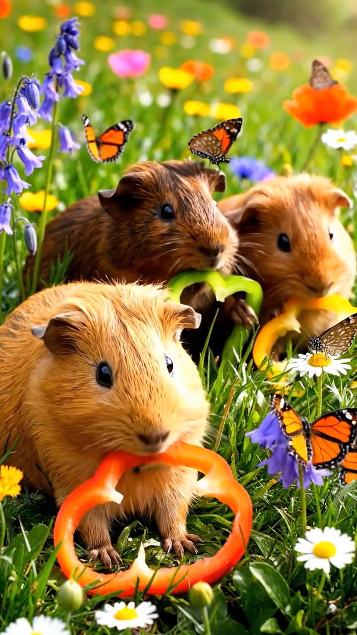 1012. Photorealistic scene of 3 smooth-haired Abyssinian guinea pigs featuring fawn, chocolate, and cinnamon coats, munching on bell pepper strips, in a blooming alpine meadow with wildflowers and butterflies.