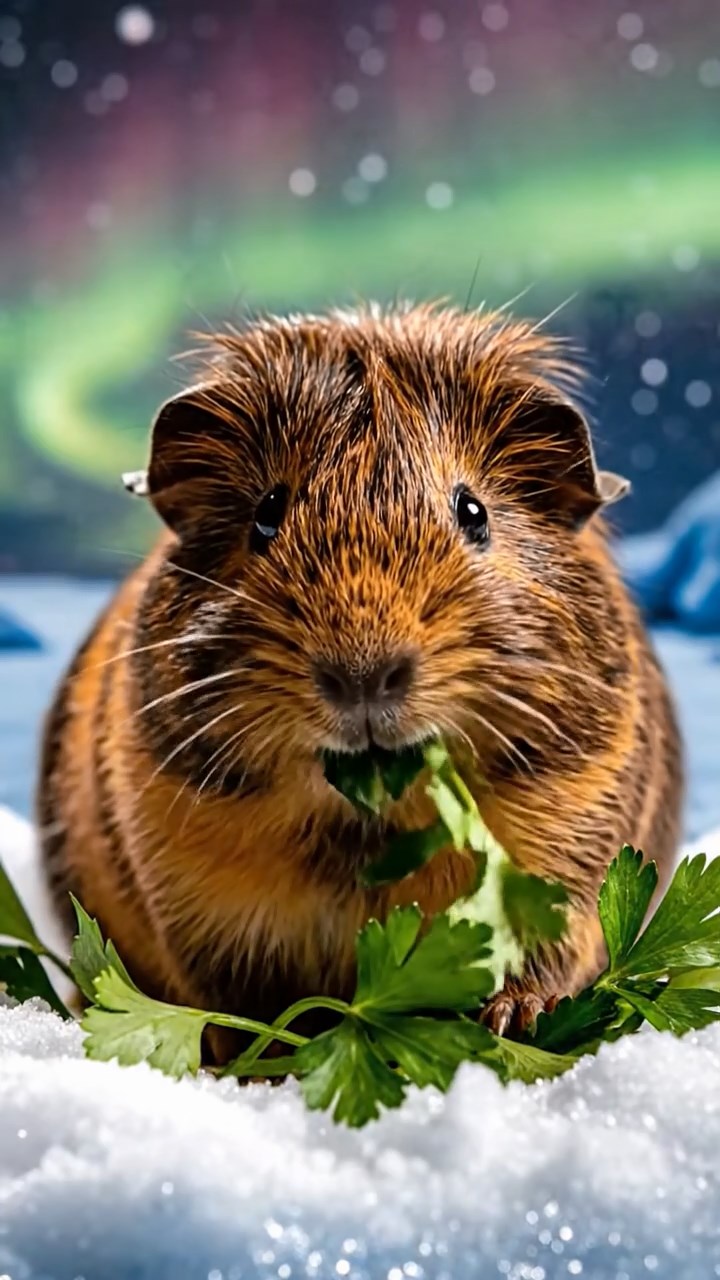 1013. Realistic photo of 1 smooth-haired Peruvian guinea pig with sable fur, eating fresh parsley, on a frozen arctic tundra with aurora borealis dancing in the sky.