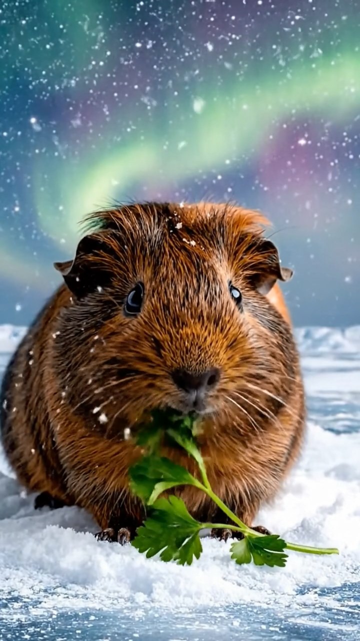 1013. Realistic photo of 1 smooth-haired Peruvian guinea pig with sable fur, eating fresh parsley, on a frozen arctic tundra with aurora borealis dancing in the sky.