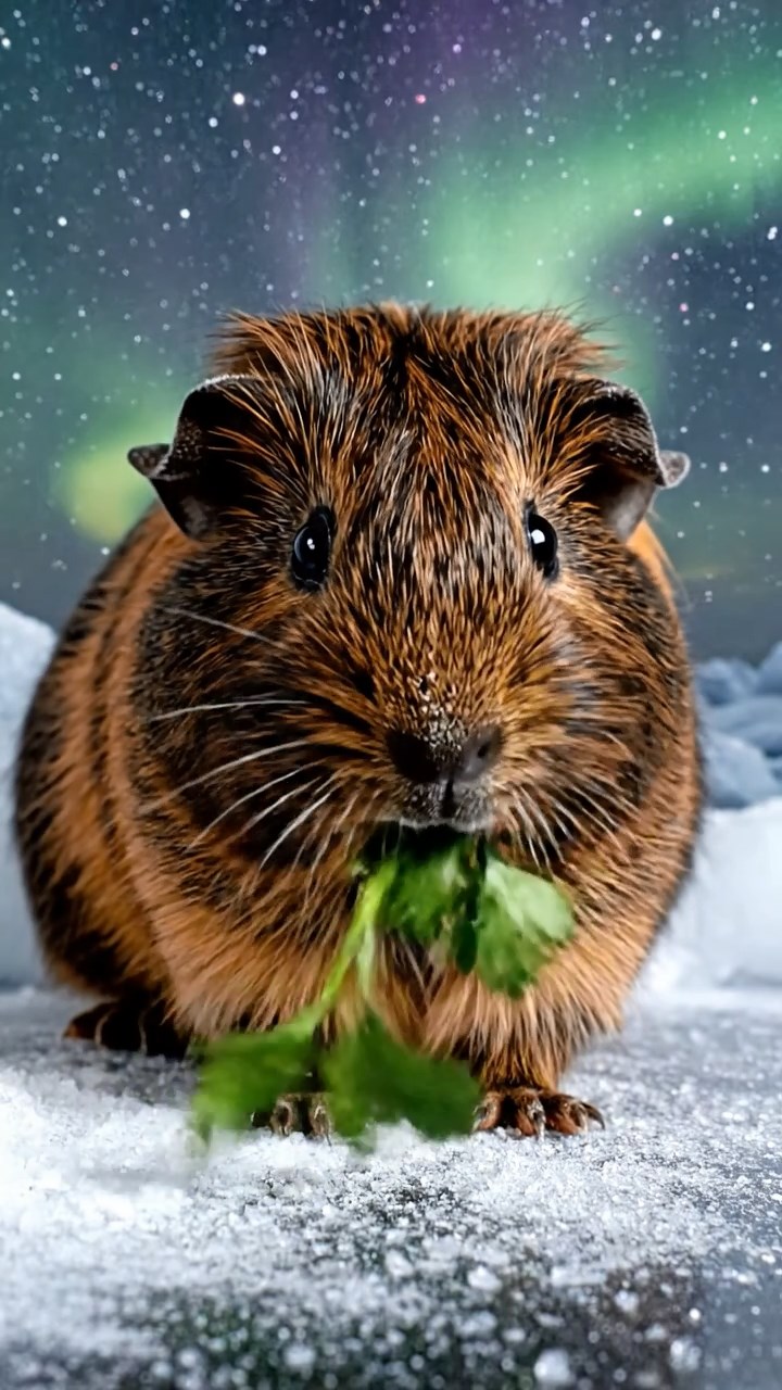 1013. Realistic photo of 1 smooth-haired Peruvian guinea pig with sable fur, eating fresh parsley, on a frozen arctic tundra with aurora borealis dancing in the sky.