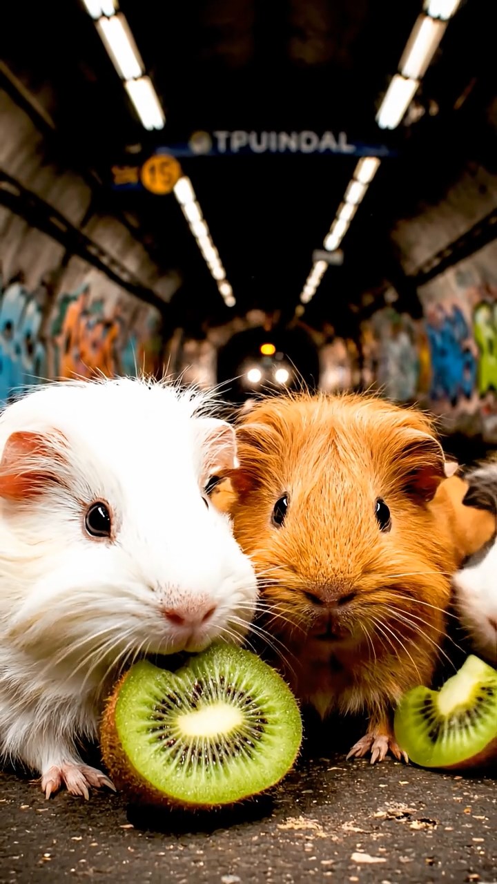 1014. Highly detailed view of 4 smooth-haired Silkie guinea pigs with white, orange, and gray fur, nibbling on kiwi fruit, in an underground subway tunnel with graffiti walls and rumbling trains.