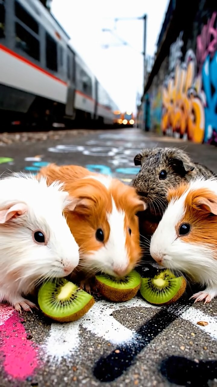 1014. Highly detailed view of 4 smooth-haired Silkie guinea pigs with white, orange, and gray fur, nibbling on kiwi fruit, in an underground subway tunnel with graffiti walls and rumbling trains.