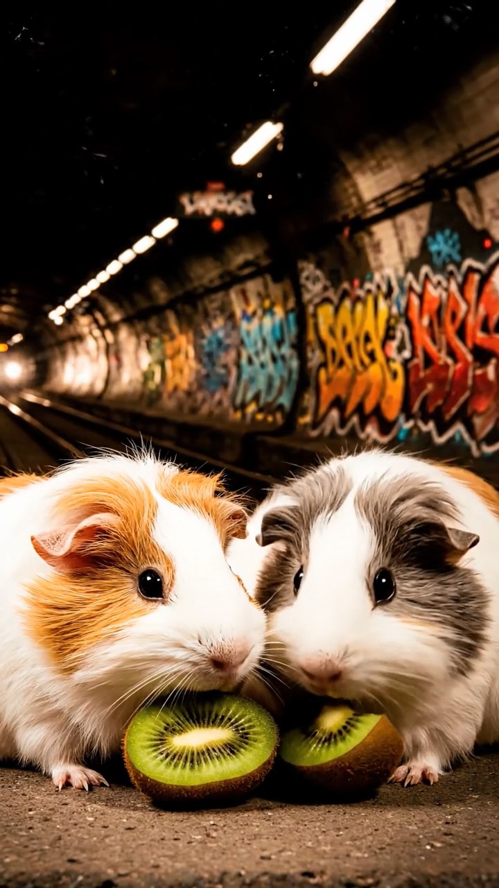 1014. Highly detailed view of 4 smooth-haired Silkie guinea pigs with white, orange, and gray fur, nibbling on kiwi fruit, in an underground subway tunnel with graffiti walls and rumbling trains.