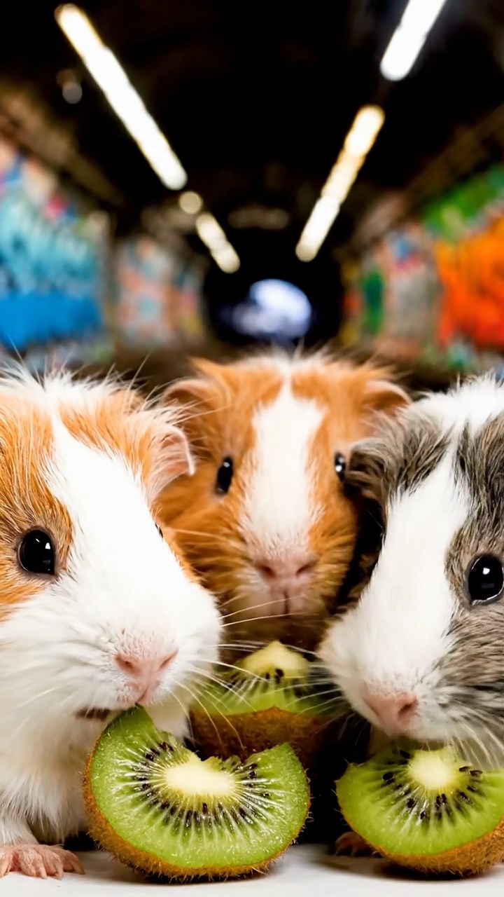 1014. Highly detailed view of 4 smooth-haired Silkie guinea pigs with white, orange, and gray fur, nibbling on kiwi fruit, in an underground subway tunnel with graffiti walls and rumbling trains.
