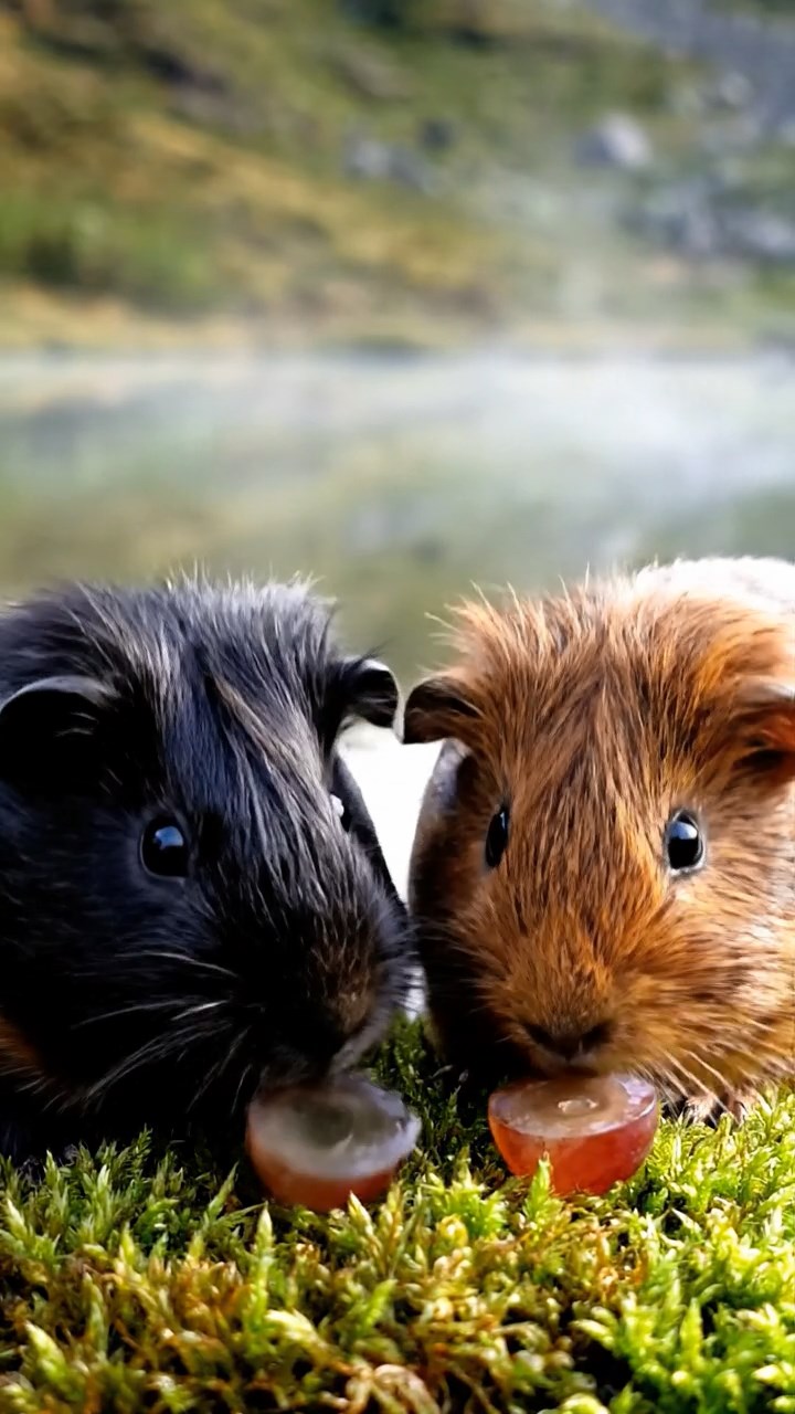 1015. Photorealistic image of 2 smooth-haired Teddy guinea pigs in black and brown colors, enjoying grape halves, by a serene highland lake with mist rising and loons calling.