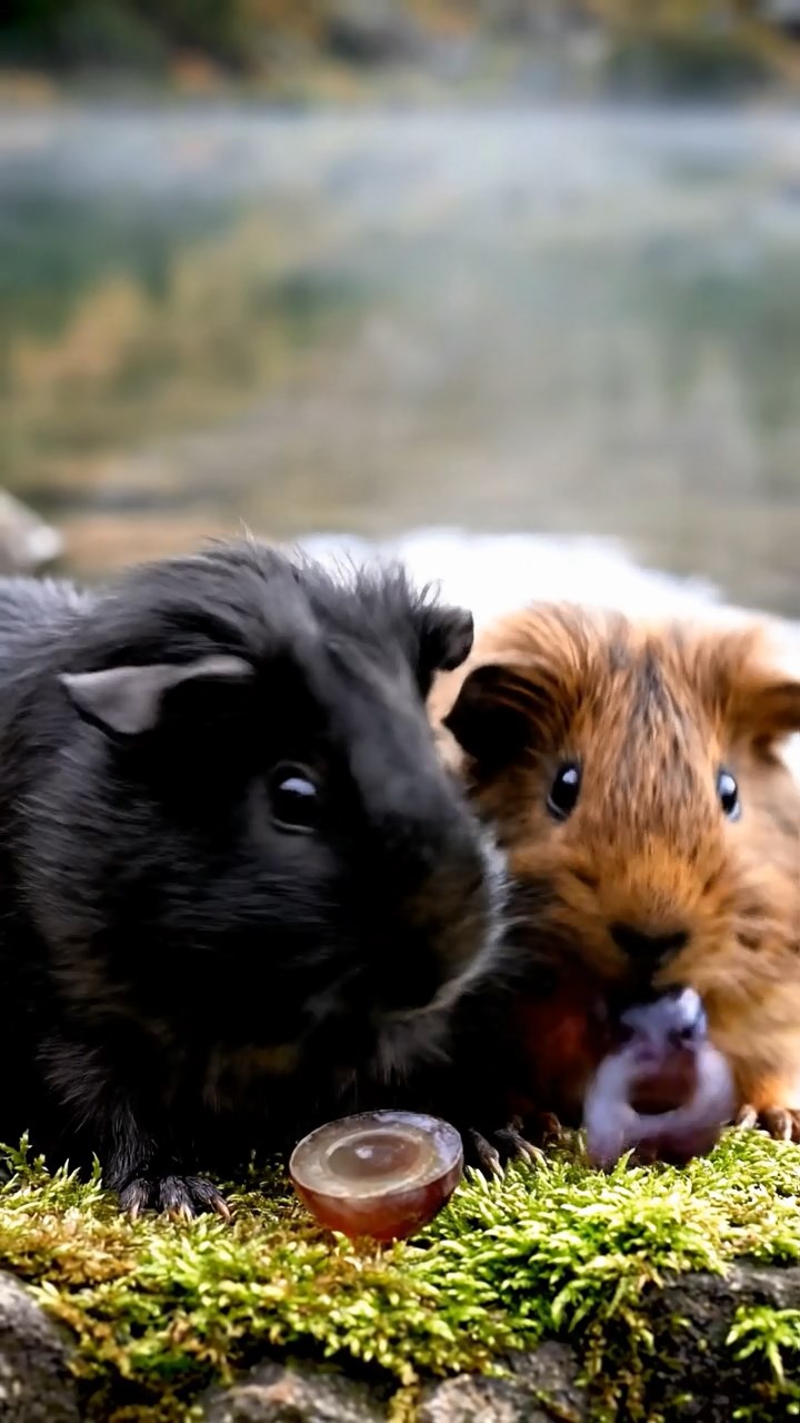 1015. Photorealistic image of 2 smooth-haired Teddy guinea pigs in black and brown colors, enjoying grape halves, by a serene highland lake with mist rising and loons calling.