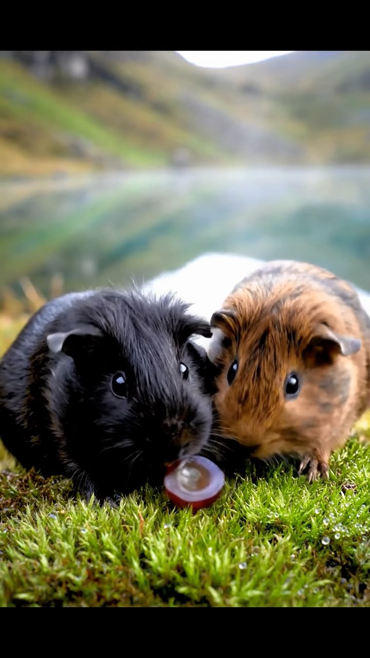 1015. Photorealistic image of 2 smooth-haired Teddy guinea pigs in black and brown colors, enjoying grape halves, by a serene highland lake with mist rising and loons calling.