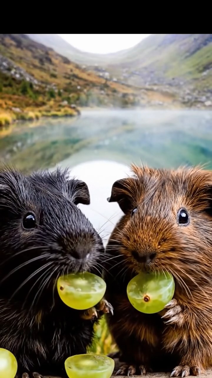 1015. Photorealistic image of 2 smooth-haired Teddy guinea pigs in black and brown colors, enjoying grape halves, by a serene highland lake with mist rising and loons calling.