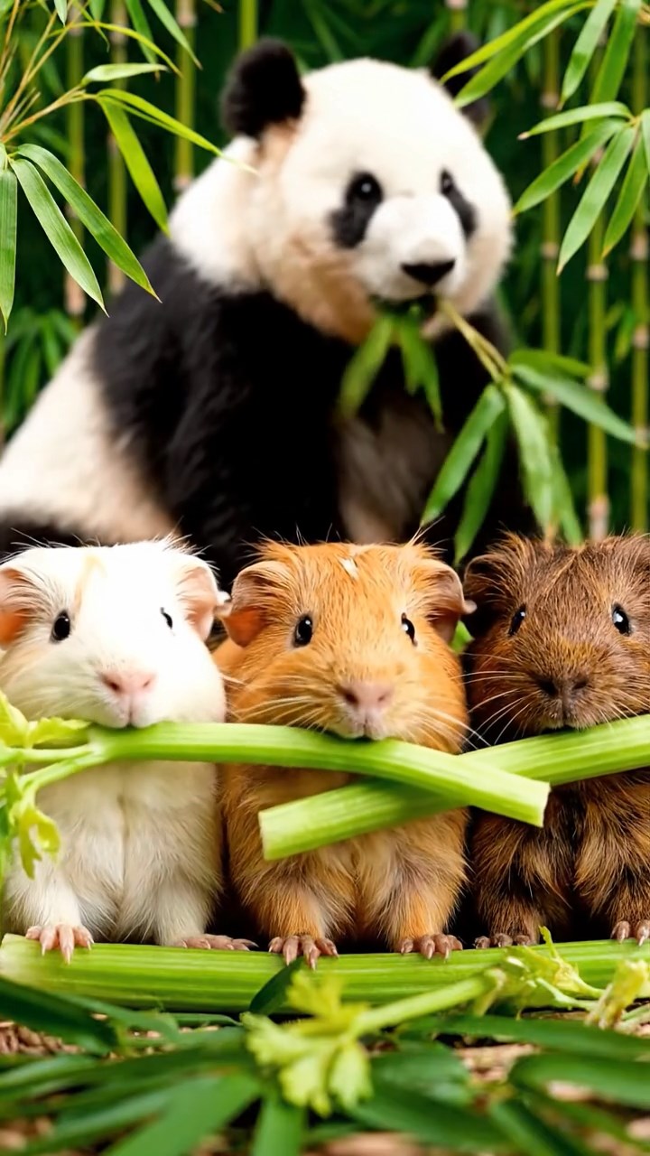 1016. Realistic depiction of 3 smooth-haired Texel guinea pigs with cream, fawn, and chocolate fur, chewing on celery stalks, in a lush panda bamboo forest with gentle pandas nearby.