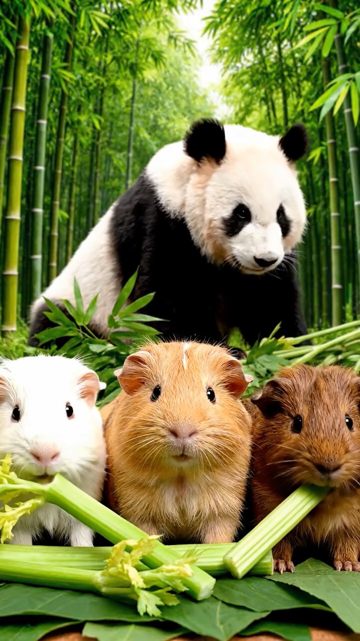 1016. Realistic depiction of 3 smooth-haired Texel guinea pigs with cream, fawn, and chocolate fur, chewing on celery stalks, in a lush panda bamboo forest with gentle pandas nearby.
