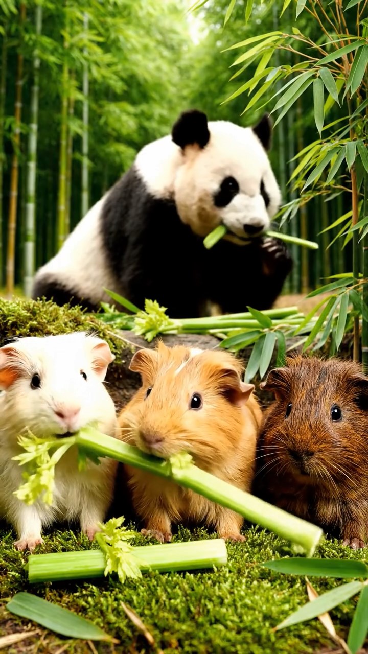 1016. Realistic depiction of 3 smooth-haired Texel guinea pigs with cream, fawn, and chocolate fur, chewing on celery stalks, in a lush panda bamboo forest with gentle pandas nearby.