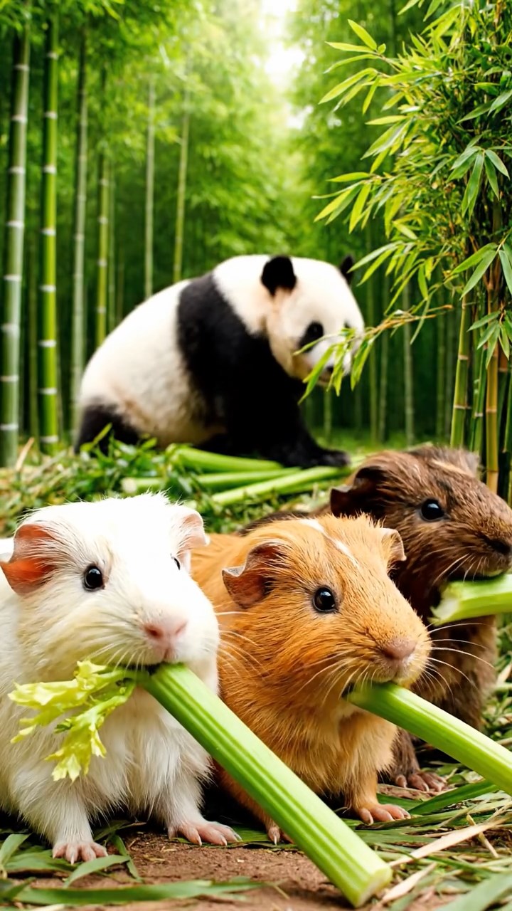 1016. Realistic depiction of 3 smooth-haired Texel guinea pigs with cream, fawn, and chocolate fur, chewing on celery stalks, in a lush panda bamboo forest with gentle pandas nearby.
