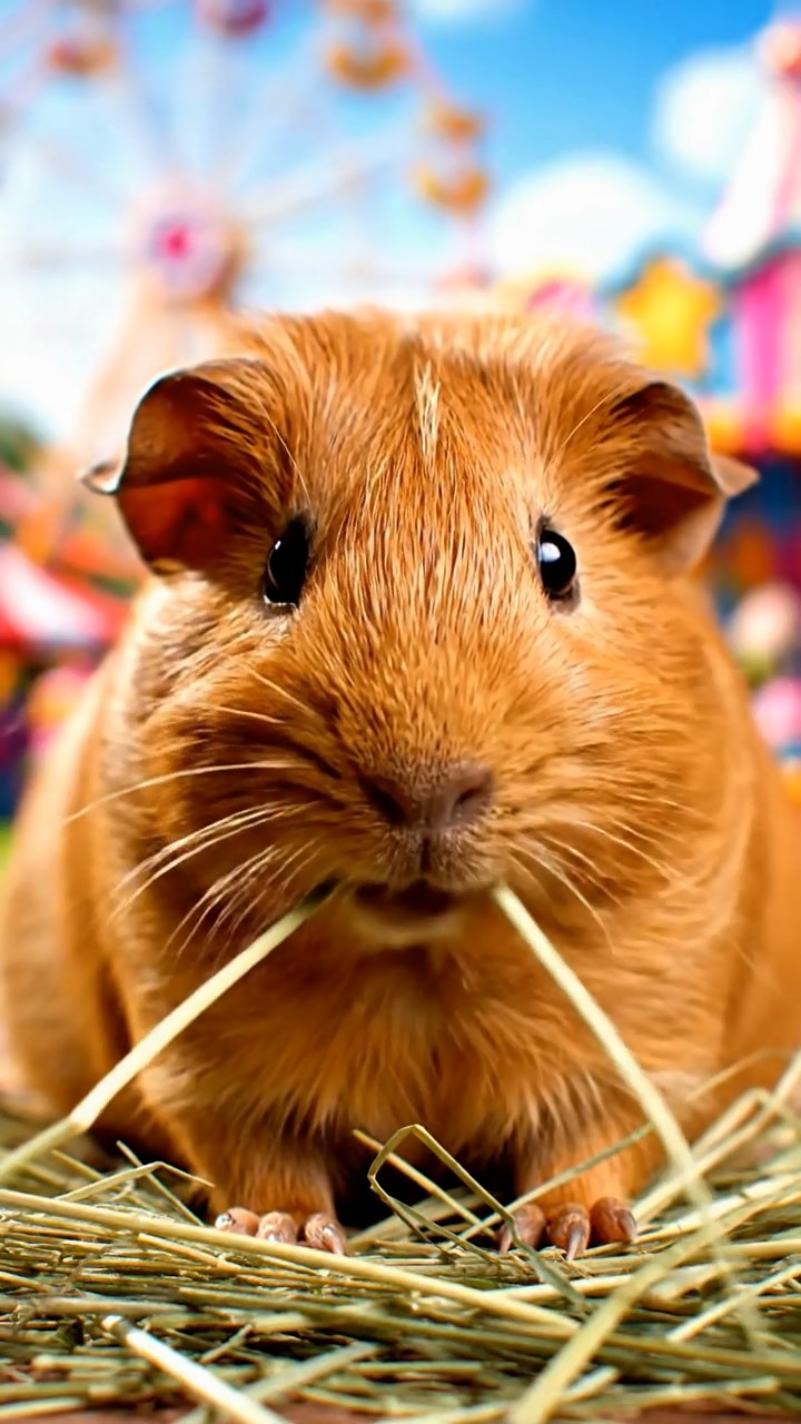 1017. Detailed scene of 1 smooth-haired Rex guinea pig with cinnamon fur, munching on timothy hay, at a lively summer carnival with Ferris wheels and cotton candy aromas.