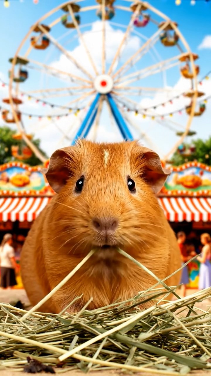 1017. Detailed scene of 1 smooth-haired Rex guinea pig with cinnamon fur, munching on timothy hay, at a lively summer carnival with Ferris wheels and cotton candy aromas.