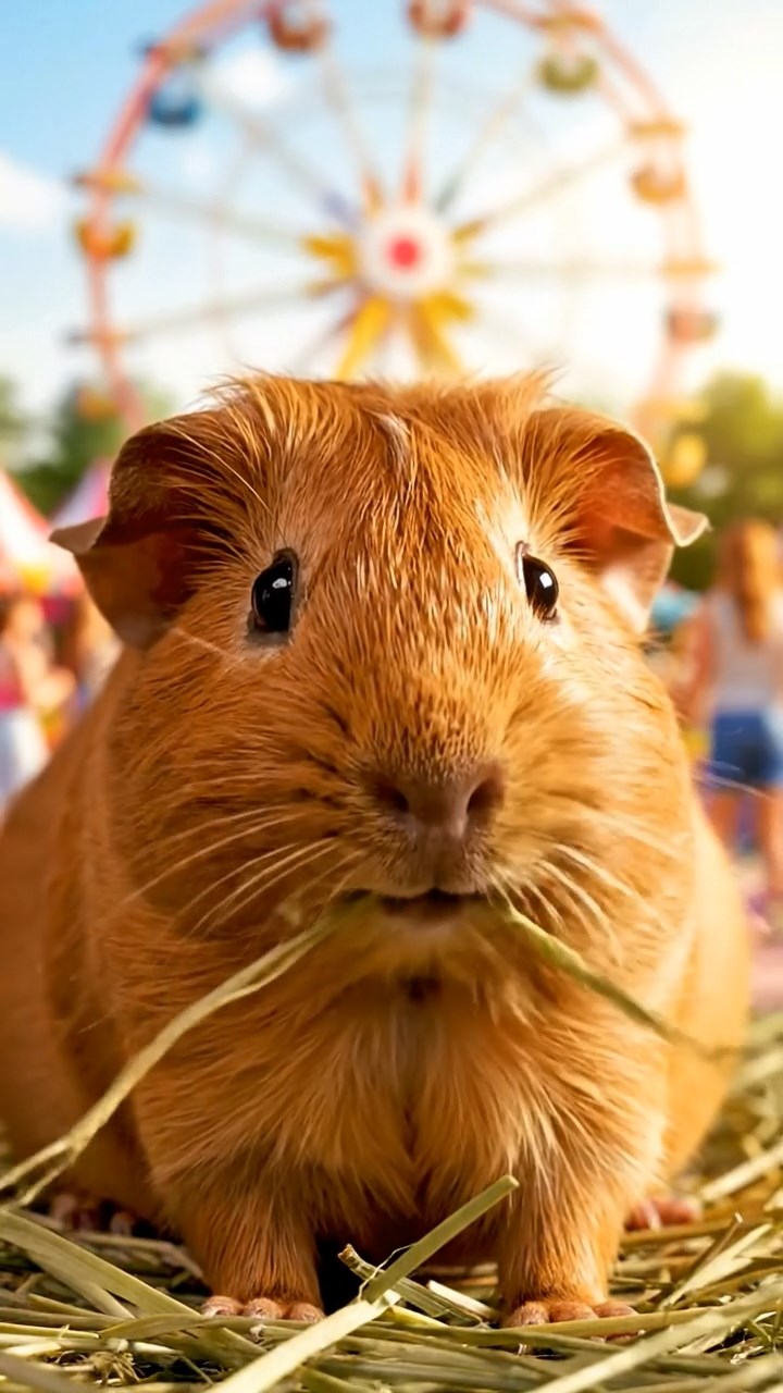 1017. Detailed scene of 1 smooth-haired Rex guinea pig with cinnamon fur, munching on timothy hay, at a lively summer carnival with Ferris wheels and cotton candy aromas.