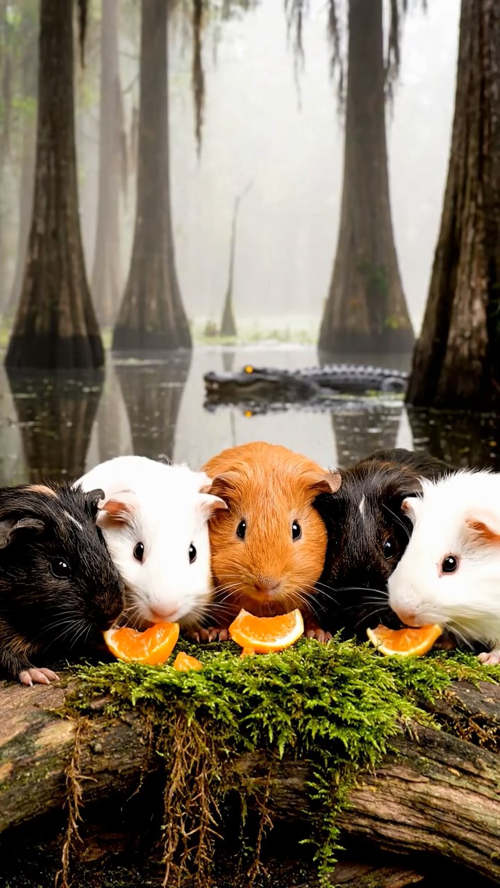 1018. Photorealistic photo of 5 smooth-haired Coronet guinea pigs featuring sable, white, and orange coats, sharing orange segments, in a foggy Louisiana swamp with alligators and cypress knees.