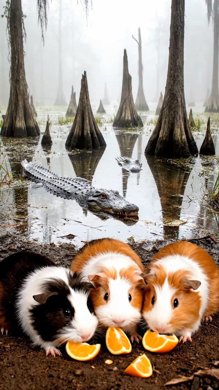 1018. Photorealistic photo of 5 smooth-haired Coronet guinea pigs featuring sable, white, and orange coats, sharing orange segments, in a foggy Louisiana swamp with alligators and cypress knees.