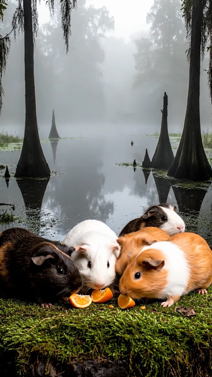 1018. Photorealistic photo of 5 smooth-haired Coronet guinea pigs featuring sable, white, and orange coats, sharing orange segments, in a foggy Louisiana swamp with alligators and cypress knees.