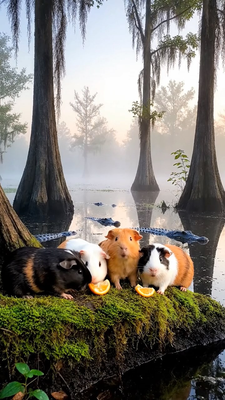 1018. Photorealistic photo of 5 smooth-haired Coronet guinea pigs featuring sable, white, and orange coats, sharing orange segments, in a foggy Louisiana swamp with alligators and cypress knees.