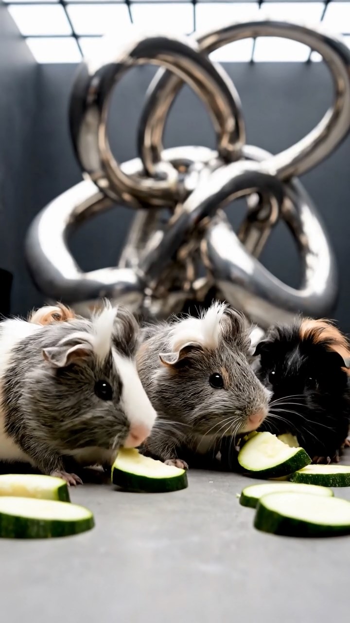 1019. Realistic image of 4 smooth-haired White Crested guinea pigs with gray, black, and brown fur, eating zucchini slices, inside a modern abstract art museum with bizarre installations.