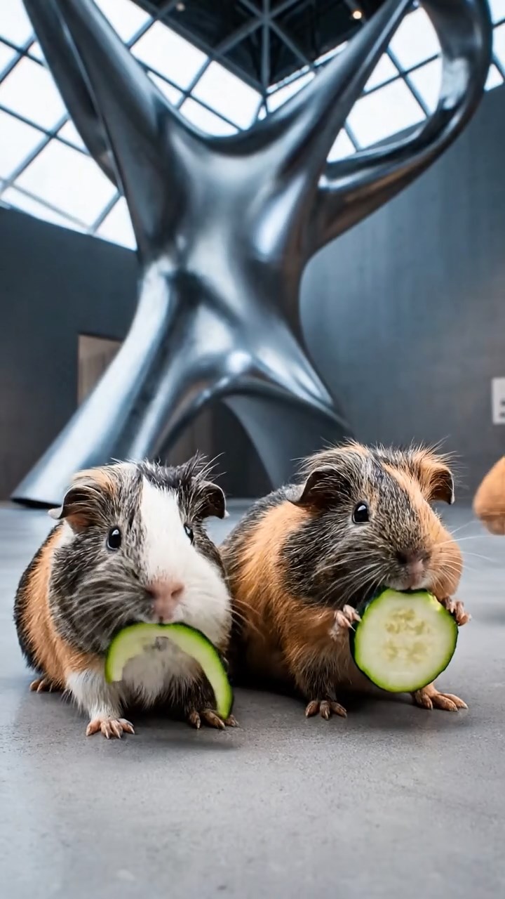 1019. Realistic image of 4 smooth-haired White Crested guinea pigs with gray, black, and brown fur, eating zucchini slices, inside a modern abstract art museum with bizarre installations.