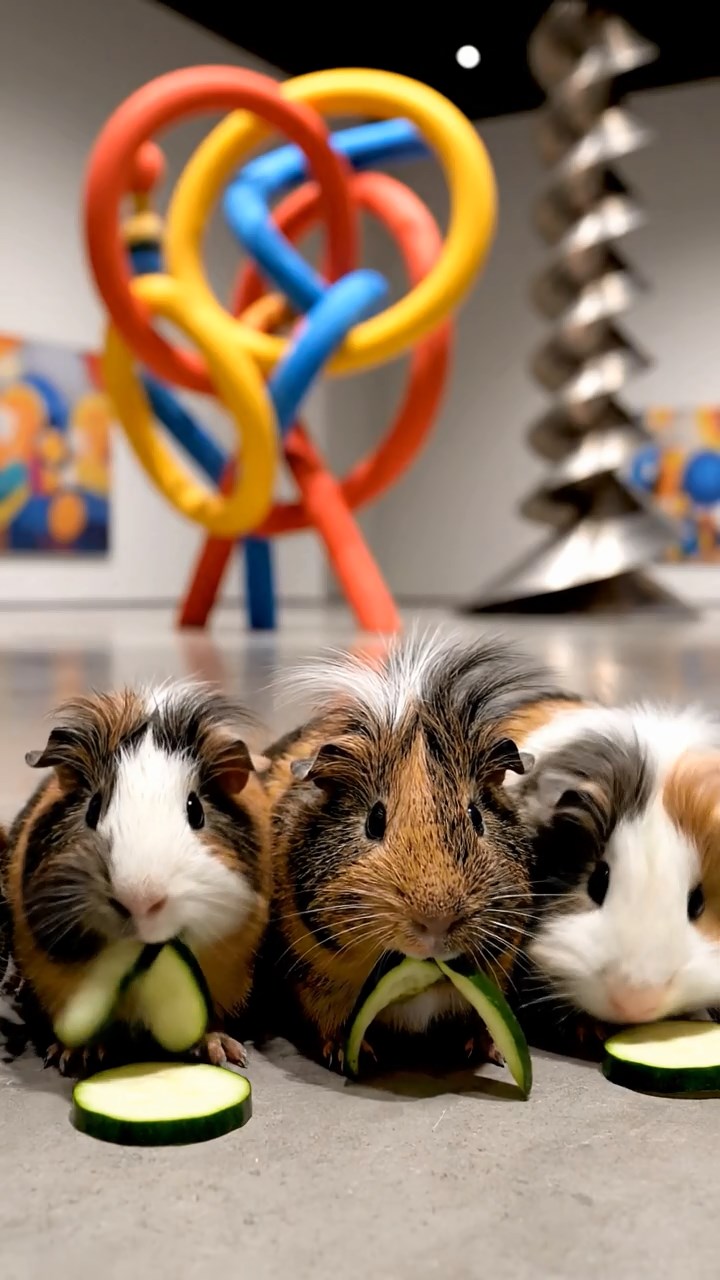 1019. Realistic image of 4 smooth-haired White Crested guinea pigs with gray, black, and brown fur, eating zucchini slices, inside a modern abstract art museum with bizarre installations.