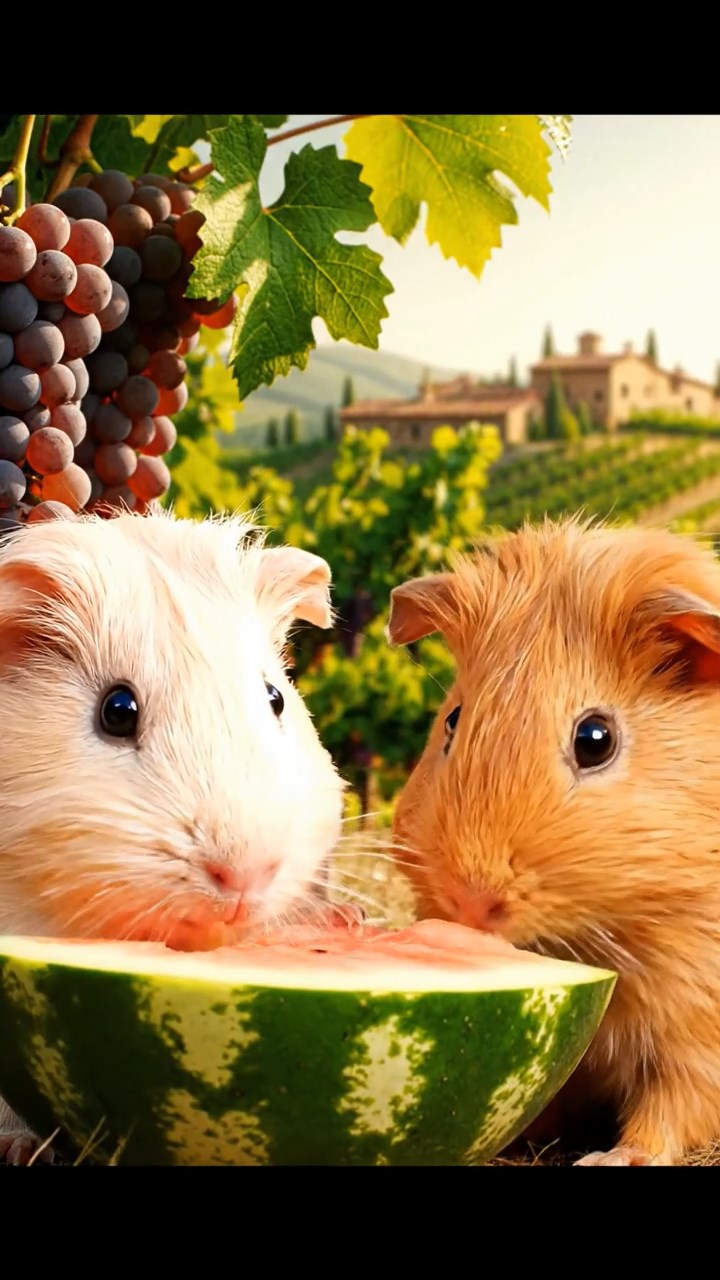 1020. Highly detailed view of 2 smooth-haired Skinny guinea pigs in cream and fawn colors, nibbling on watermelon rind, on a sloping Tuscan vineyard with ripening grapes and terracotta roofs.