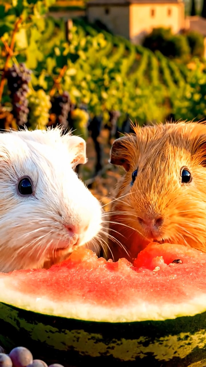 1020. Highly detailed view of 2 smooth-haired Skinny guinea pigs in cream and fawn colors, nibbling on watermelon rind, on a sloping Tuscan vineyard with ripening grapes and terracotta roofs.