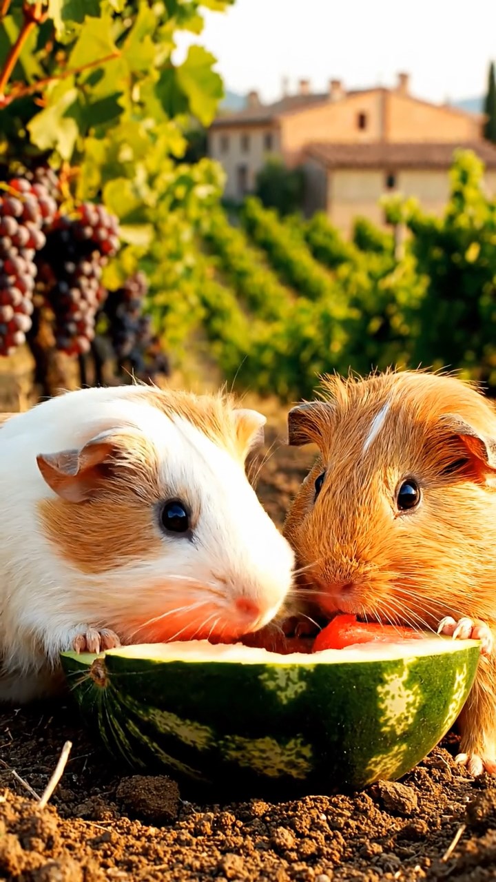 1020. Highly detailed view of 2 smooth-haired Skinny guinea pigs in cream and fawn colors, nibbling on watermelon rind, on a sloping Tuscan vineyard with ripening grapes and terracotta roofs.