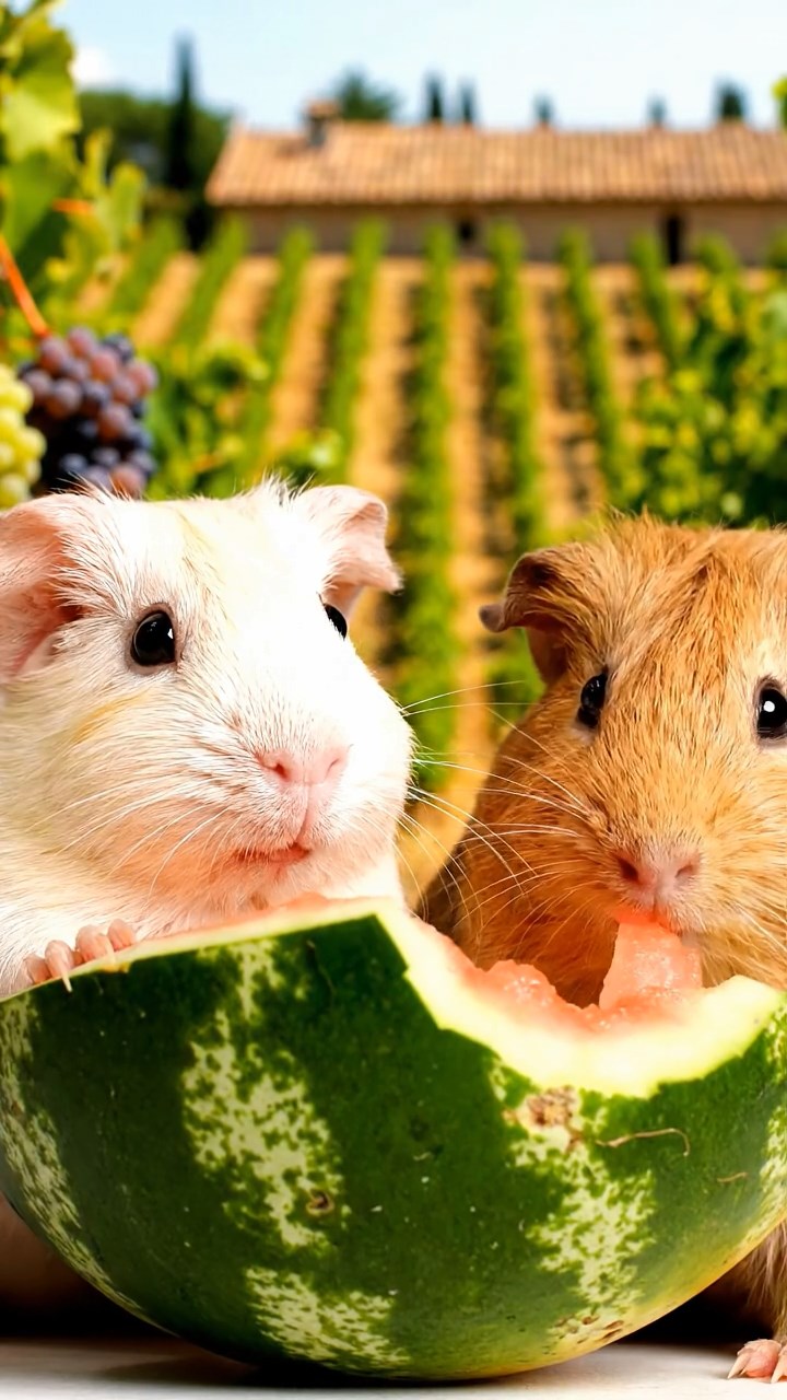 1020. Highly detailed view of 2 smooth-haired Skinny guinea pigs in cream and fawn colors, nibbling on watermelon rind, on a sloping Tuscan vineyard with ripening grapes and terracotta roofs.